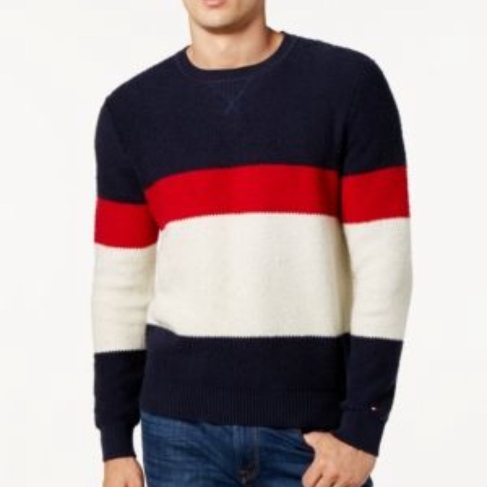 Tommy Hilfiger Men’s Red, White, & Blue Colorblocked Sweater Size Medium